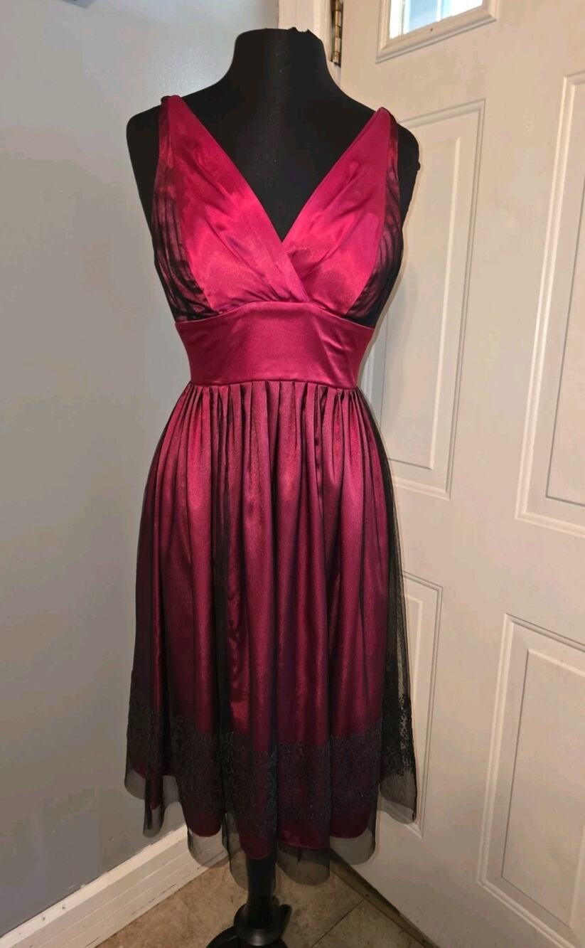 Vtg 90s Y2K V Neck Red Black Beaded Dress Hoco Formal Whimsigoth Morgan Co 7/8